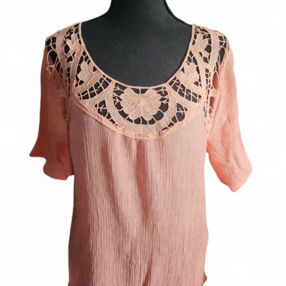 Boho Peach Tunic Top XL Crochet Lace Yoke Crinkle Textured Blouse